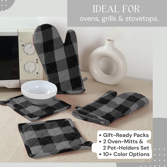Buffalo Plaid Check Oven Mitts and Pot Holders Set, 100% Cotton, Heat Resistant - Image 7