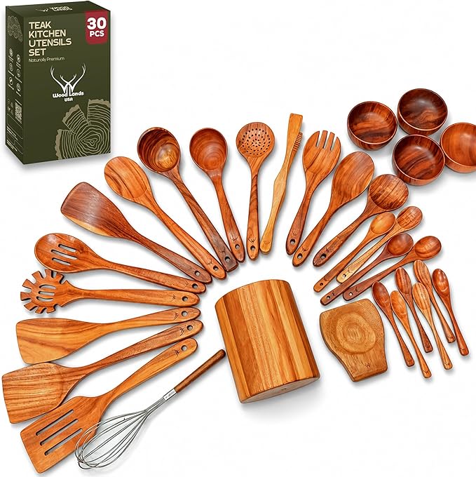 30 Pcs Teak Wooden Utensil Set – Premium Cooking Utensils Set, Natural Wooden by WOODLANDSUSA
