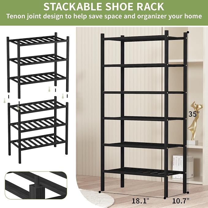 ROMGUAR CRAFT 6-Tier Bamboo Small Shoe Rack, Free Standing Wood Shoe Shelf - Image 3