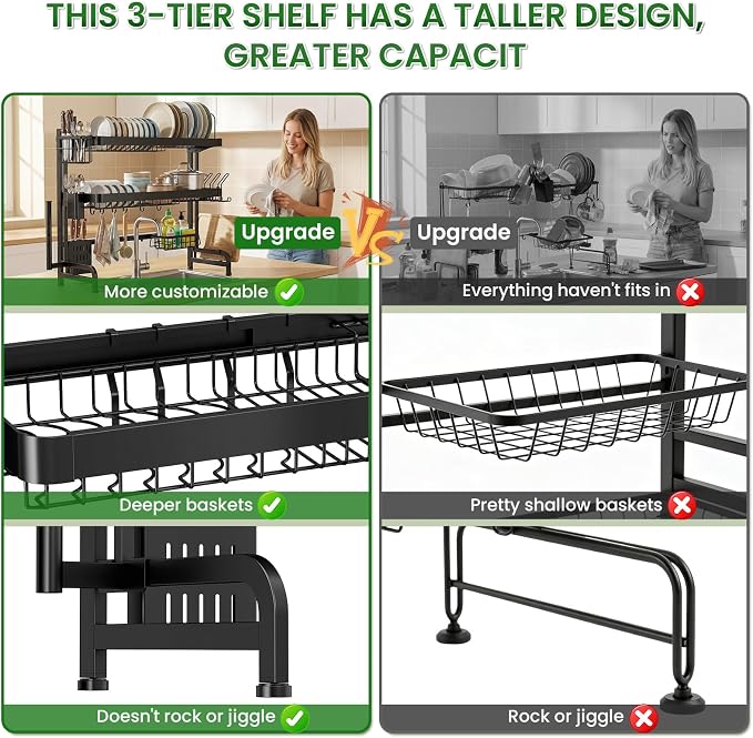 Over The Sink Dish Drying Rack, Adjustable 3 Tier Large Capacity Stainless - Image 5