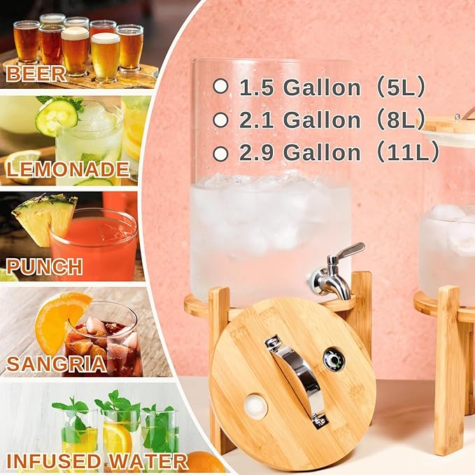 Glass Beverage Dispenser with Bamboo Stand and Lid, Iced 2.1 Gallon Drink - Image 6