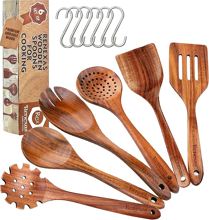 6-Piece Teak Wooden Kitchen Utensil Set – Nonstick Safe Cooking Spoons & by Renexas