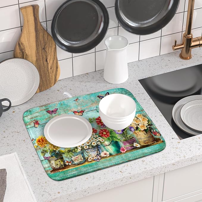 Flower Dish Drying Mat for Kitchen Counter 16x18 Inch Rustic Vintage Microfiber - Image 6