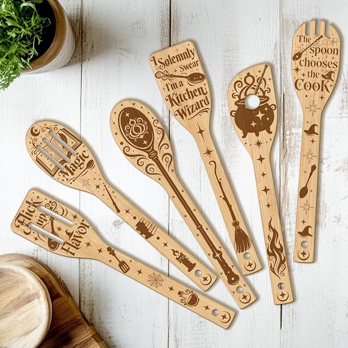 CUTHOLLOW 6PCS Magic Element Wooden Kitchen Cooking Utensil Set, 11.9in Non by CUTHOLLOW