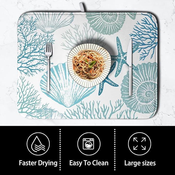 Summer Teal Dish Drying Mat for Kitchen Counter Nautical Coastal Blue Dishes - Image 4