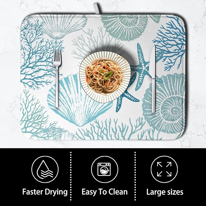 Summer Blue Dish Drying Mat for Kitchen Counter Nautical Coastal Teal Dishes - Image 4
