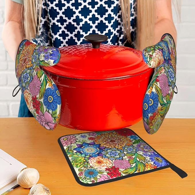 Boho Floral Oven Mitts and Pot Holders Sets of 3, Colorful Flowers Heat - Image 3