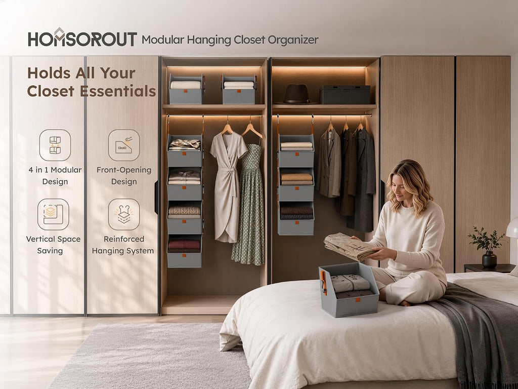 Hanging Closet Organizer, Modular 4-in-1 Hanging Shelves, Grey