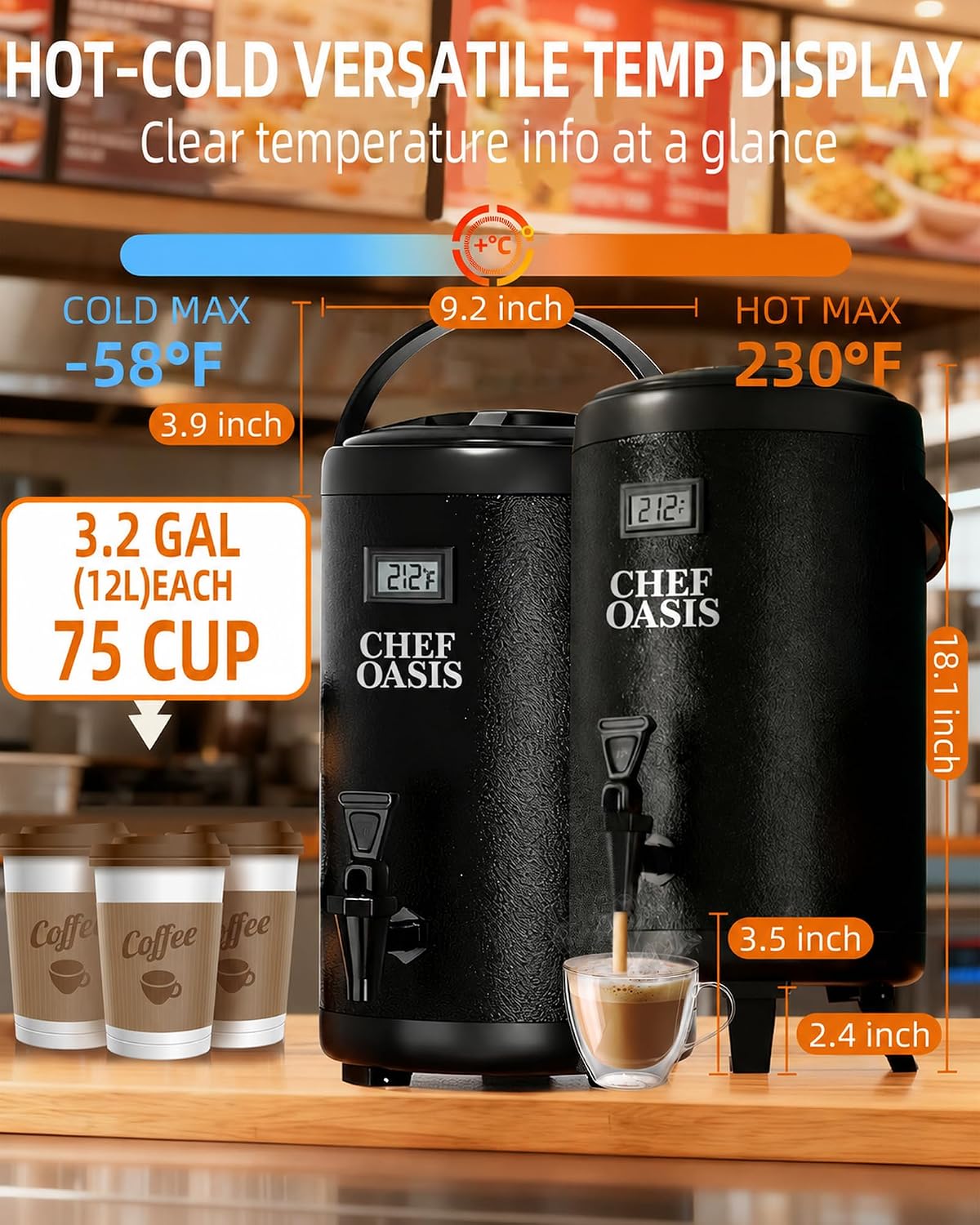 Insulated Beverage Dispenser 3 Gallon,Hot&Cold Drink Dispenser with