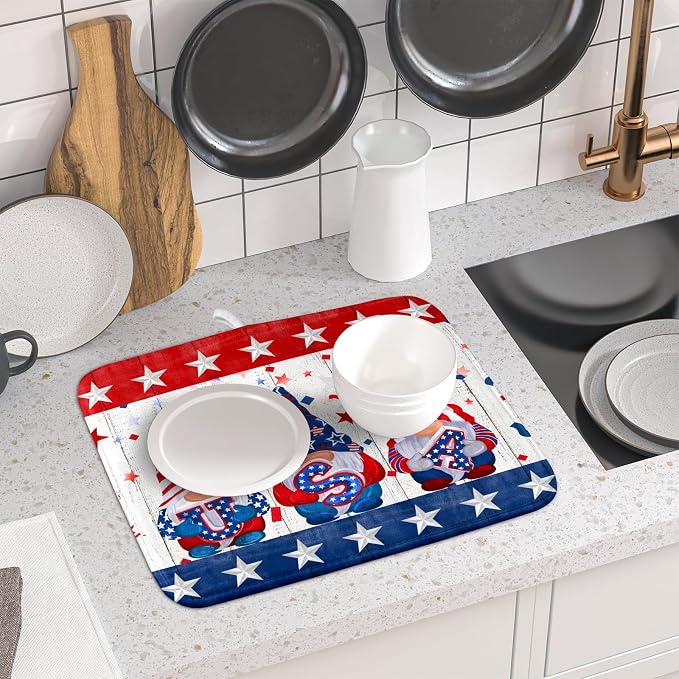 Giwawa 4th of July Gnomes Dish Drying Mat 16x18 inch Patriotic Elf Usa Stars - Image 6