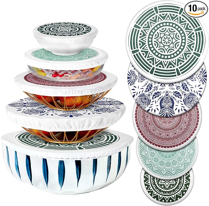 Patelai 10 Pcs Bowl Covers Reusable in 5 Size Stretch Cloth Fabric Elastic Food by Patelai