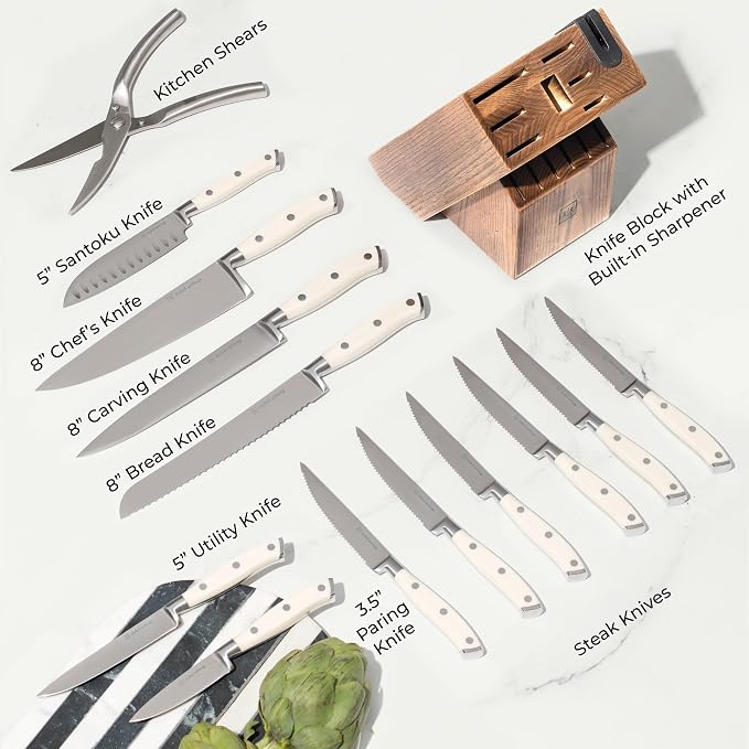 White Knife Set with Block – 14-Piece Forged Stainless Steel Knives with Triple - Image 5