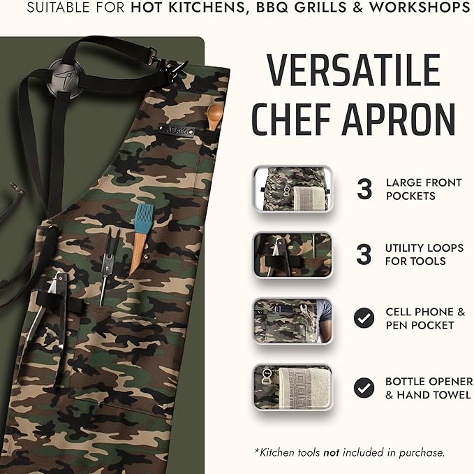 Asaya Chef and BBQ Apron with Bottle Opener and Hand Towel - 10oz Cotton Canvas - Image 2