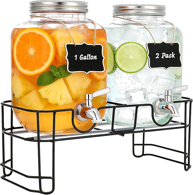 1 Gallon Glass Beverage Dispenser, 2 Pack Glass Drink Dispensers by Goldfishwa