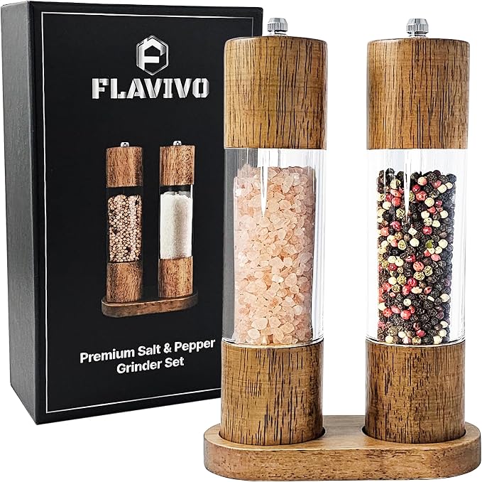 Wooden Salt and Pepper Grinder Set, Manual Premium Acrylic Salt and pepper Mills by FLAVIVO