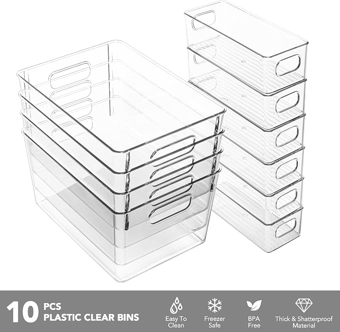 Tiawudi Set of 10 Clear Plastic Storage Bins, 4 Large and 6 Small Stackable - Image 3