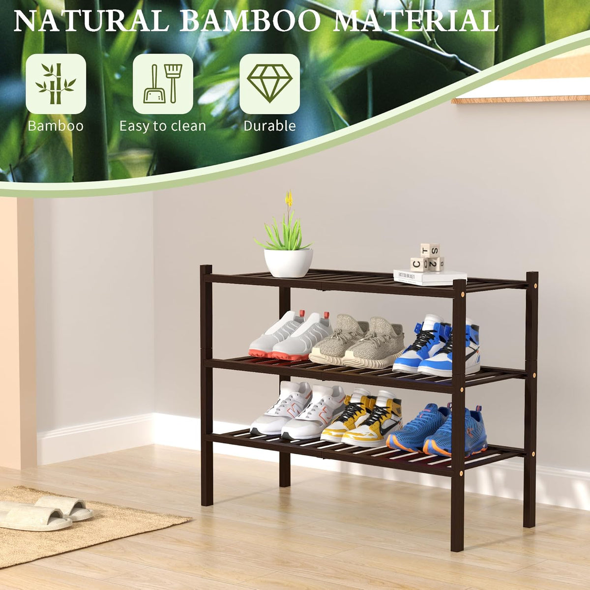 ROMGUAR CRAFT 3 Tier Bamboo Shoe Rack for Closet Free Standing Wood
