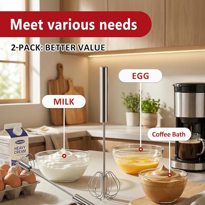 Li&Zhao Semi Automatic Whisk-2-Pack Stainless Steel Hand Push Rotary Egg Whisk - Image 4