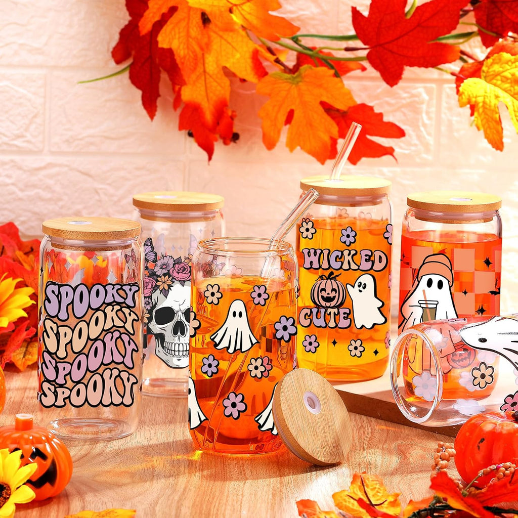 SiliFine 6 Pcs Halloween Glass Cups, 16 oz with Lids and Straws