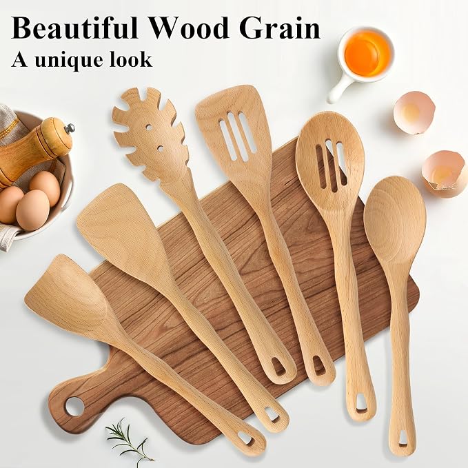 Wooden Spatula Set, 6 Pack Kitchen Wood Slotted Spoon Spatulas Turner Utensils - Image 2