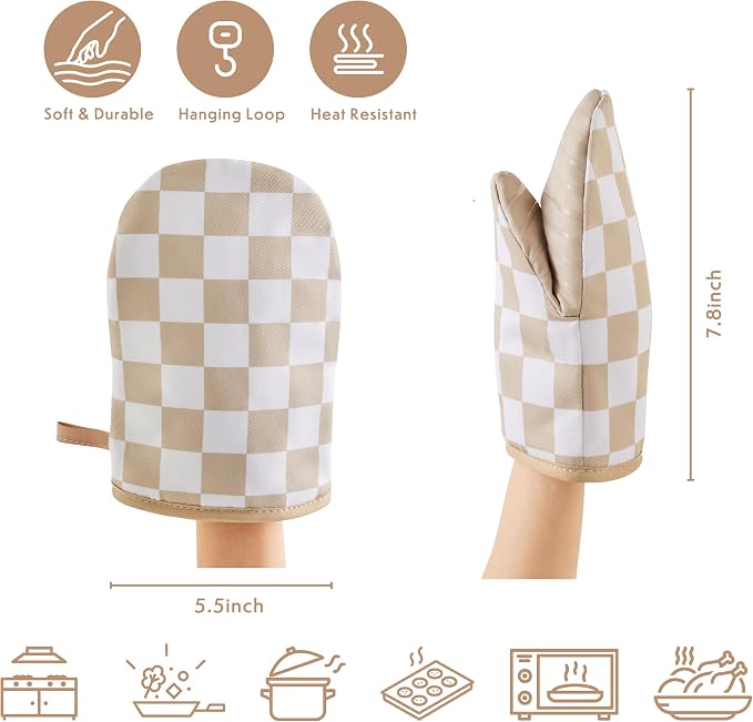 Ohocut Beige Checkered Mini Oven Mitts Heat Resistant, Vintage Retro - Image 5