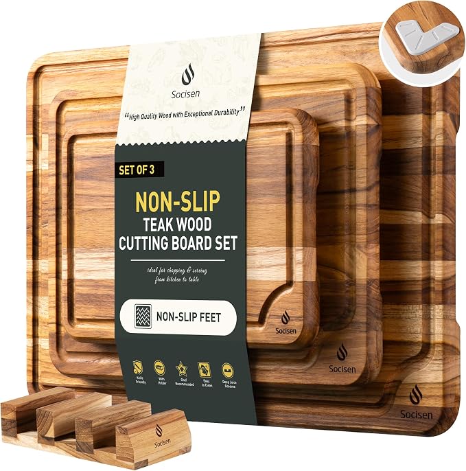 3 Pack Teak Wood Cutting Board Set by Socisen