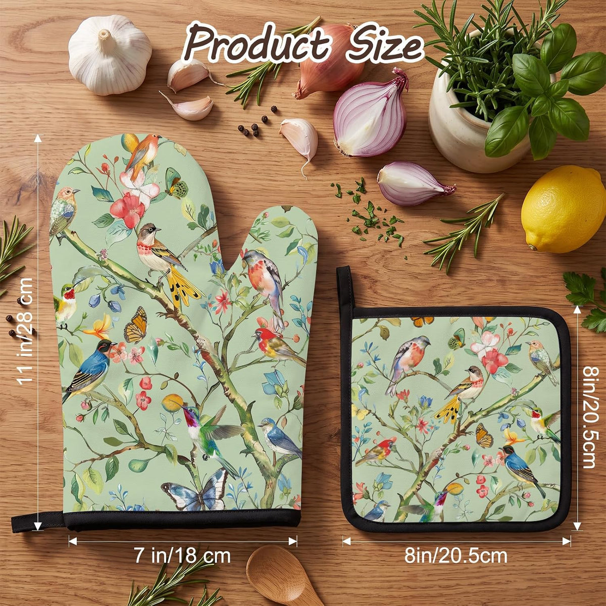 Bird Oven Mitts and Pot Holders Sets 3PCS, Floral Botanical Print