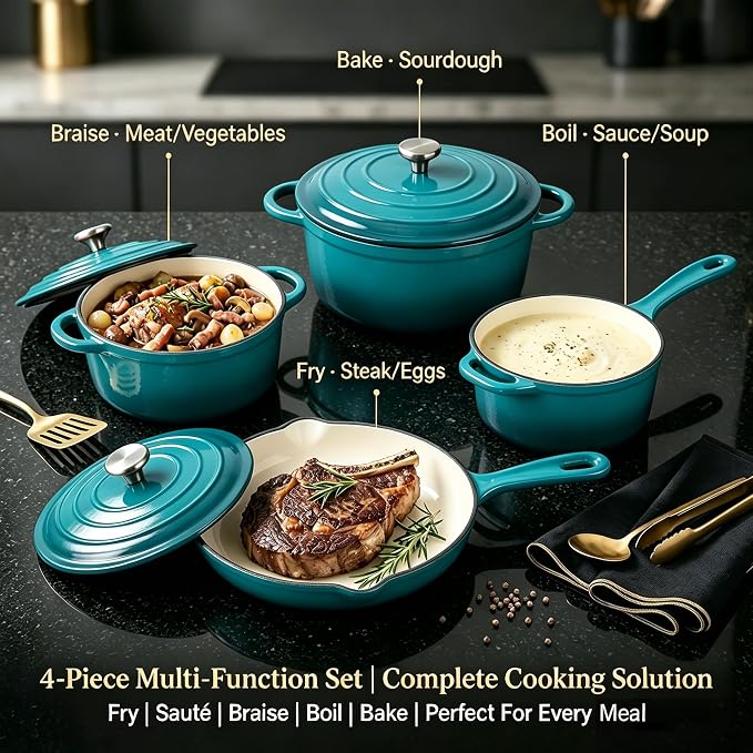 QuliMetal Enameled Cast Iron Cookware Set, 4-Piece Pots and Pans Set - Image 8