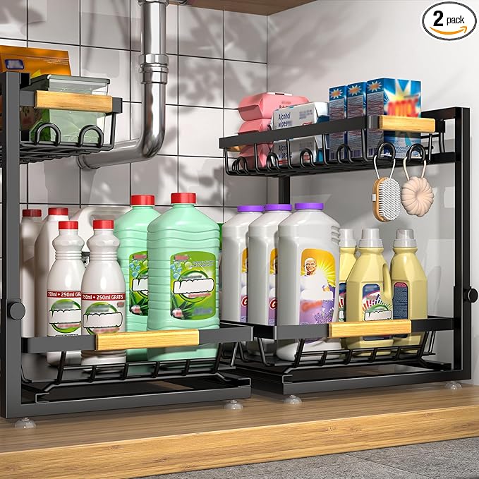 Sevenblue 2 Packs Under Sink Organizer, Height Adjustable 2 Tier Under Kitchen by Sevenblue