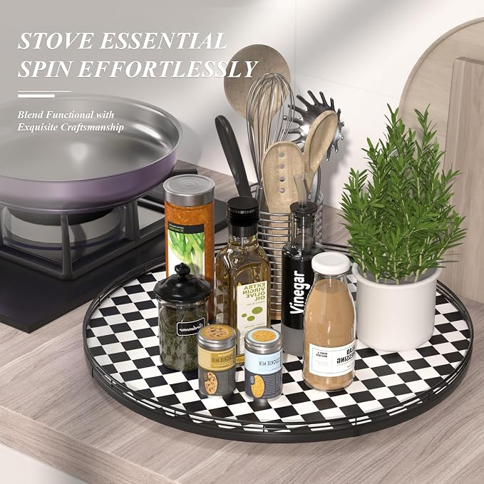 24" Black and White Kitchen Lazy Susan Turntable, Round Checkered Decorative - Image 5