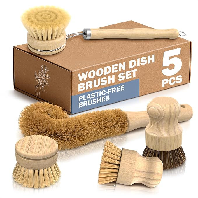 5 Pcs Bamboo Dish Brush Set – Bamboo Dish Scrubber by ZOKLU