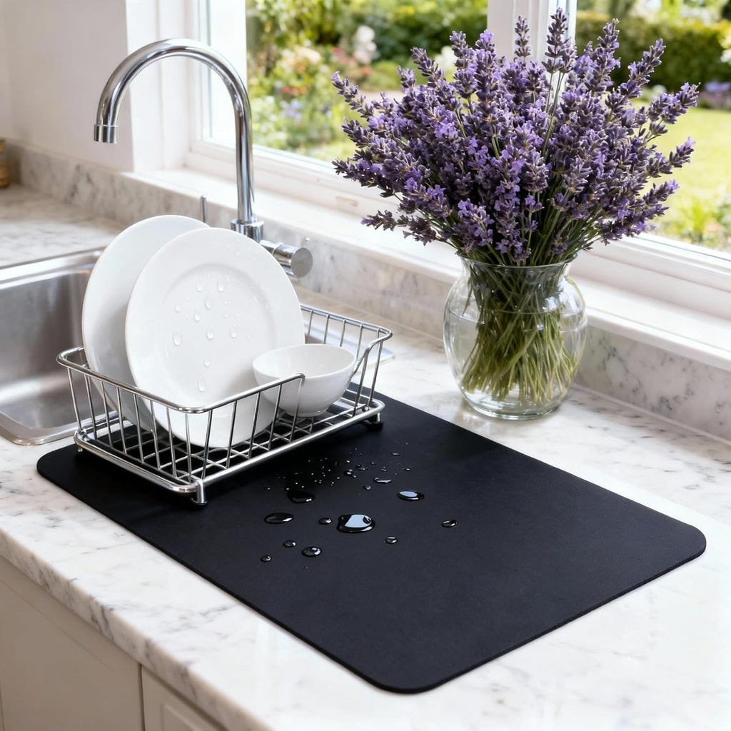 Black Dish Drying Mat – Super Absorbent, Non-Slip, 16x12 in