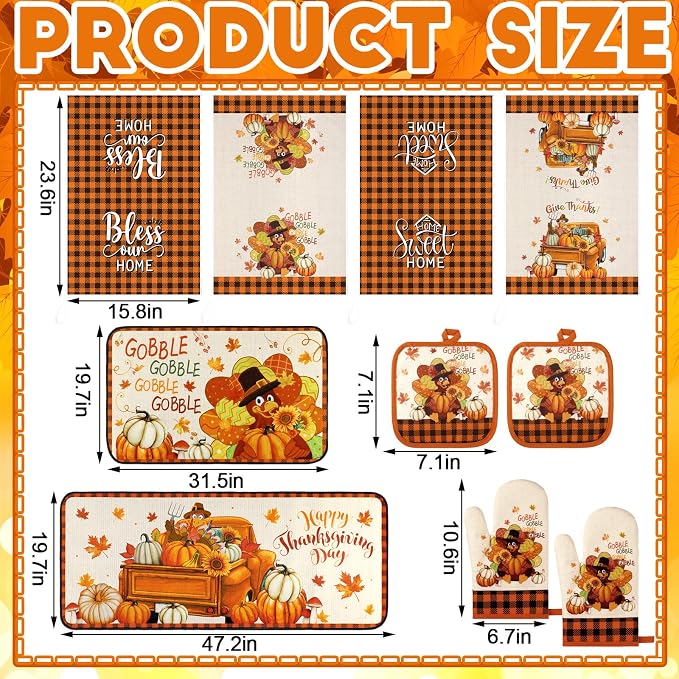 Fanfanwin 10 Pcs Fall Thanksgiving Turkey Kitchen Decor Set Kitchen Towels Pot - Image 3