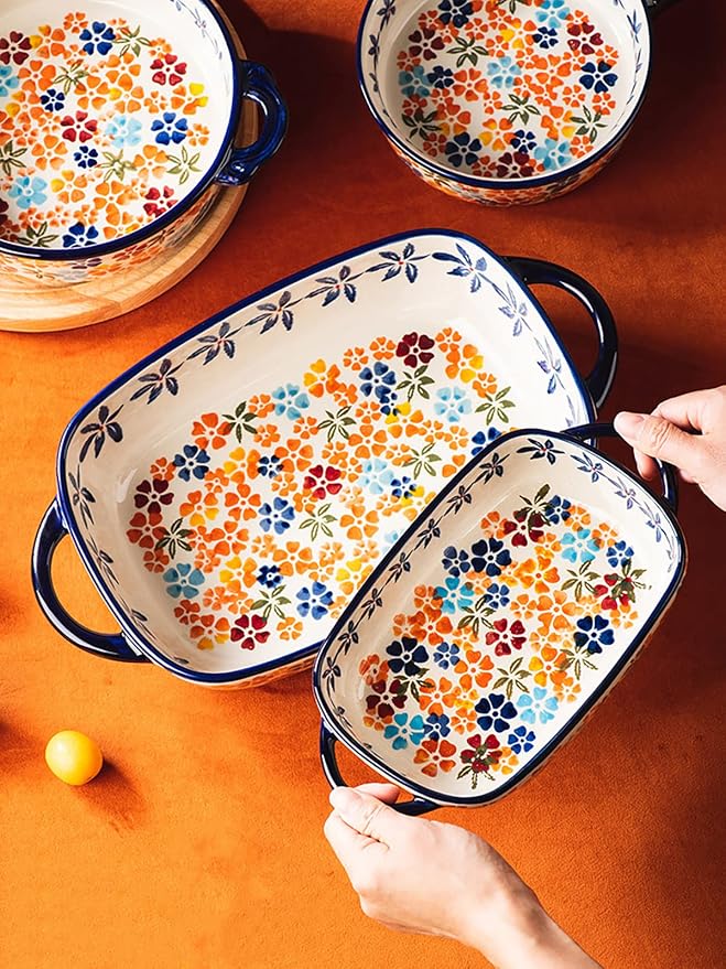 Colorful Cherry Blossom Flowers Vintage Style Ceramic Bakeware Dish Casserole - Image 4