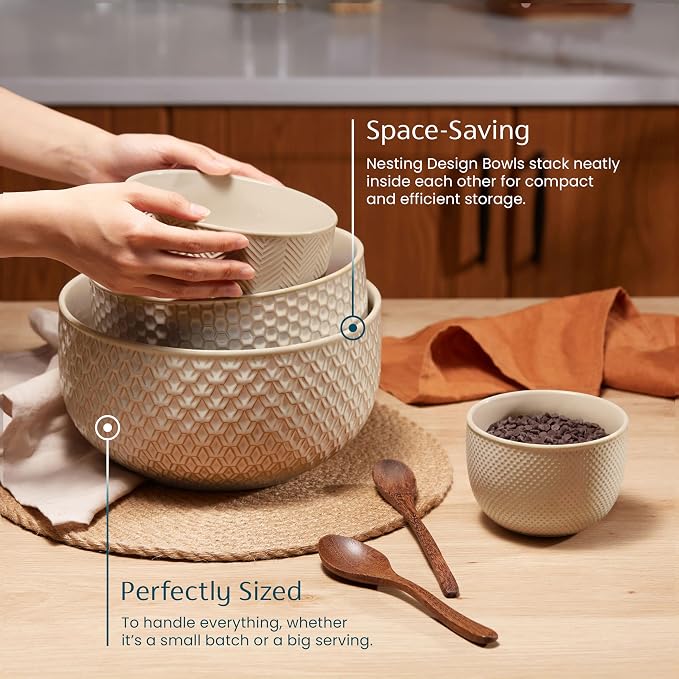 KooK Ceramic Mixing Bowls, Nesting Set of 4, Embossed Kitchen Dishware - Image 3