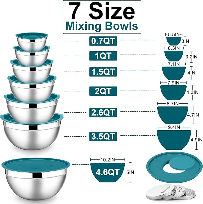 E-far Mixing Bowls with Lids Set, 7-Piece Stainless Steel Mixing Bowls with 3 - Image 6