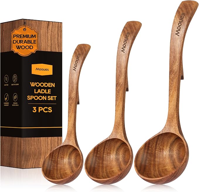 Wooden Ladle for Soup, 3 Size Teak Wood Ladle Spoon by Mooues