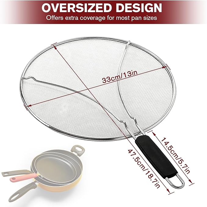 Splatter Screen for Frying Pan & Food Strainer, 13 Inch Stainless Steel Grease - Image 2