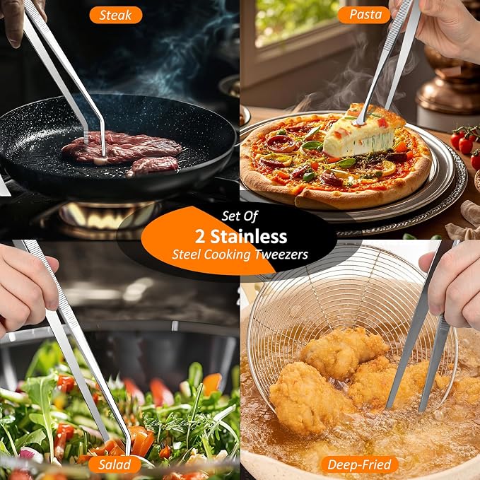 12-Inch 2-in-1 Kitchen Tongs Set, Round & Curved Stainless Steel BBQ Tongs - Image 5