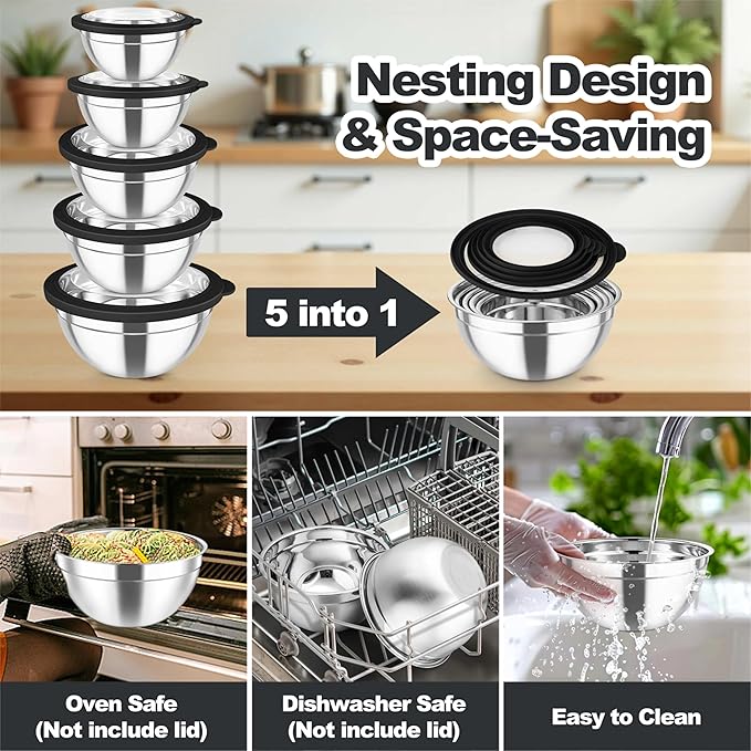 TeamFar Mixing Bowls Set, 4.5/3/1.5/1/0.7 QT Stainless Steel Nesting Salad Bowls - Image 7