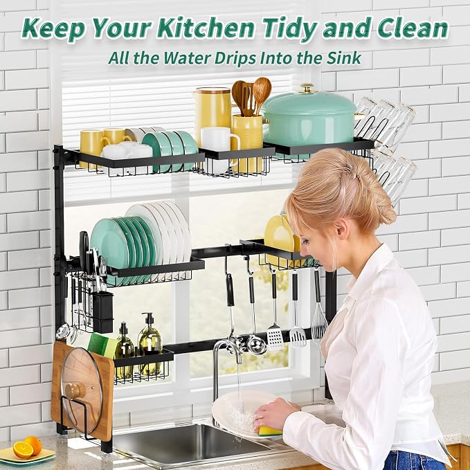 Over The Sink Dish Drying Rack, Expandable Length 3-Tier Large Stainless Steel - Image 6