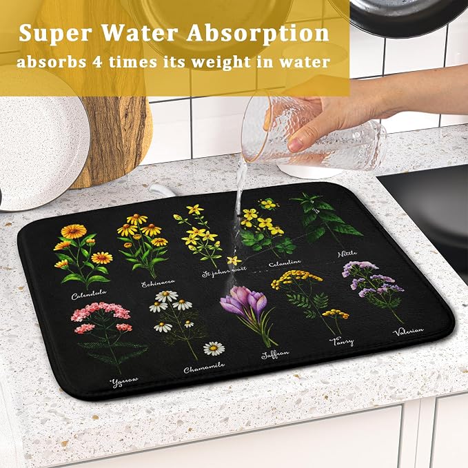 Black Flower Herbs Dish Drying Mat 16x18 Inch Botanical Floral Microfiber - Image 7