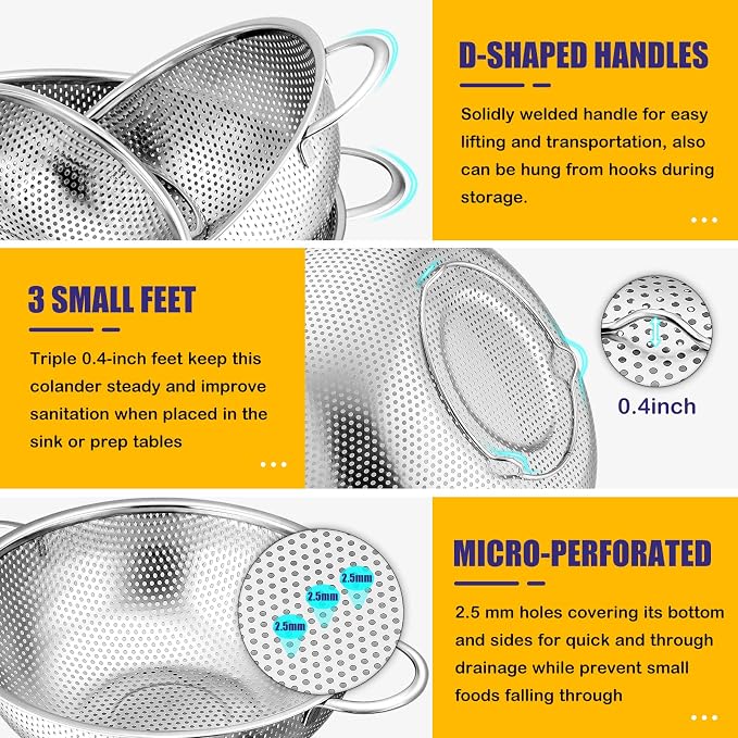 E-far Stainless Steel Colander Set of 3, Micro-Perforated Metal Colander - Image 3
