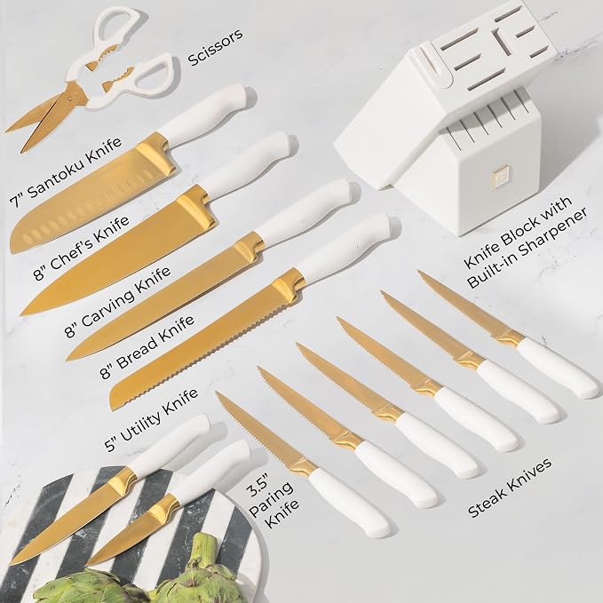 White and Gold Knife Set with Block - Image 4