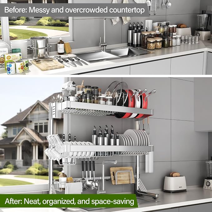 Over The Sink Dish Drainer Drying Rack 3 Tier, Full Stainless Steel Dish Drying - Image 8
