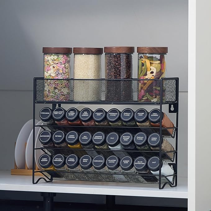 Spice Rack Organizer with 27 Spice Jars with Black Lids, Spice Labels, - Image 6