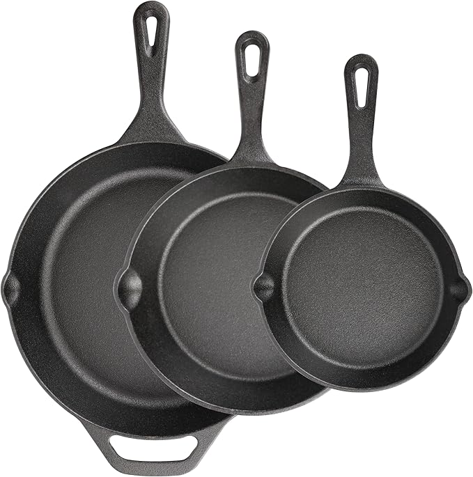 Cast Iron Skillet 3-Piece Set, Heavy-Duty Pre-Seasoned Pan Cookware Set by isheTao