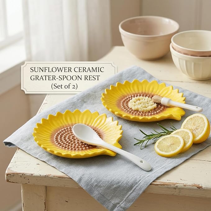 Sunflower-Shaped 2pcs Ceramic Grater Plate & Spoon Rest - Image 5