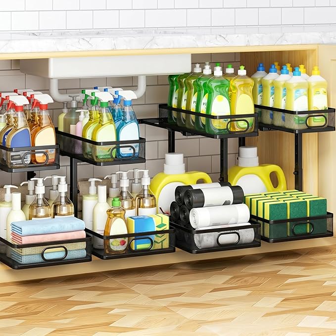 Under Sink Organizer 4-Pack, Metal 2-Tier Pull-Out Cabinet Shelf by AURIKAR
