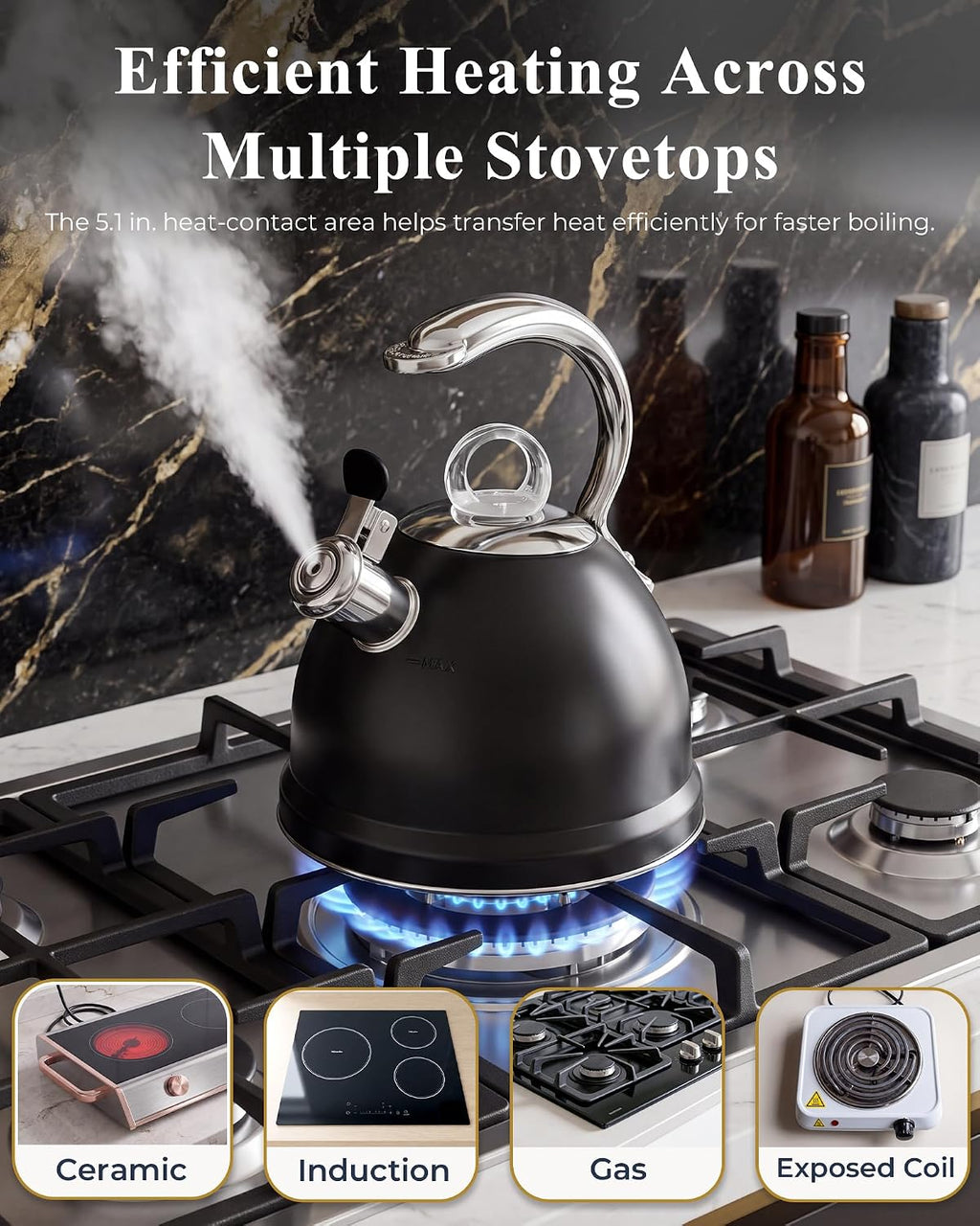Harriet Whistling Tea Kettle for Stove Top, 2.5 QT Food-Grade Steel